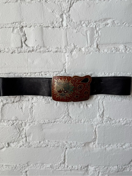 Vintage Accessories - 1970s Brass + Enamel Belt Buckle